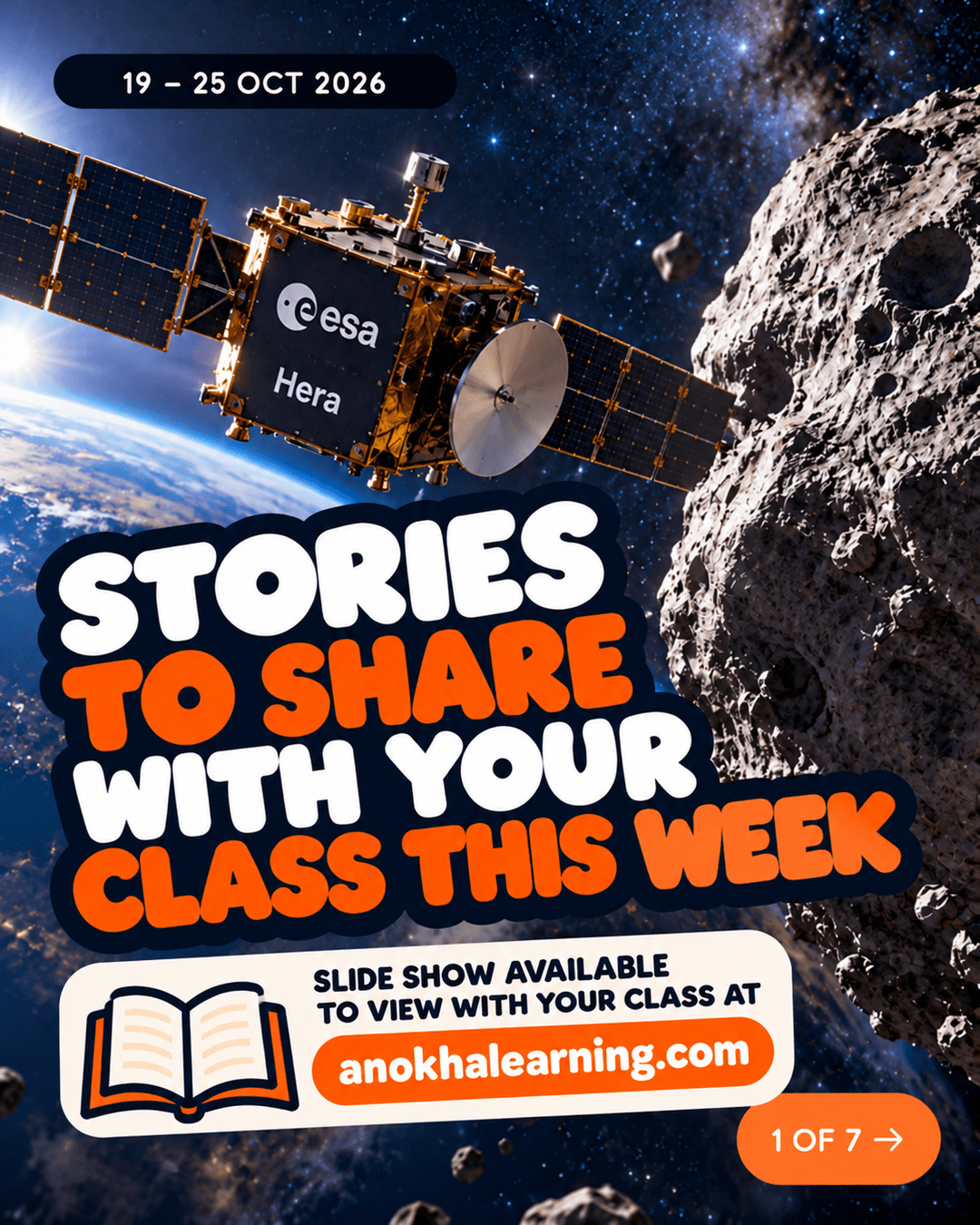 Slide 1 of 7: Stories to Share With Your Class This Week, 19 to 25 October 2026, with the Hera spacecraft near an asteroid and a note that the slideshow is available at anokhalearning.com