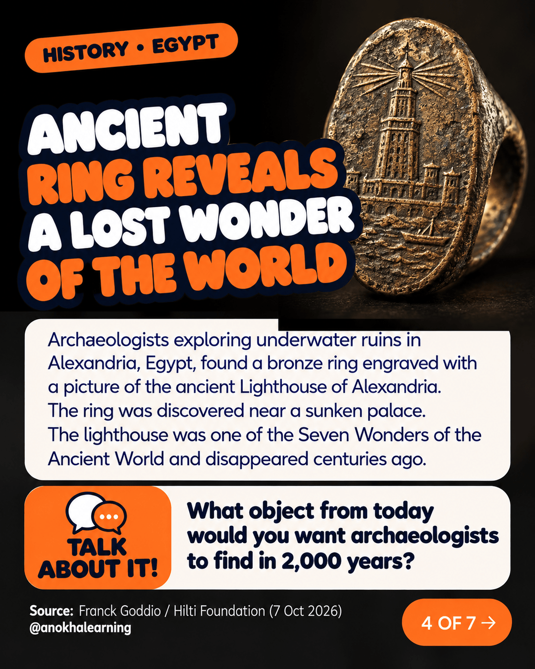 Slide 4 of 7: Ancient ring reveals a lost wonder of the world. AI-generated illustration, not the real ring, of a bronze ring engraved with the Lighthouse of Alexandria