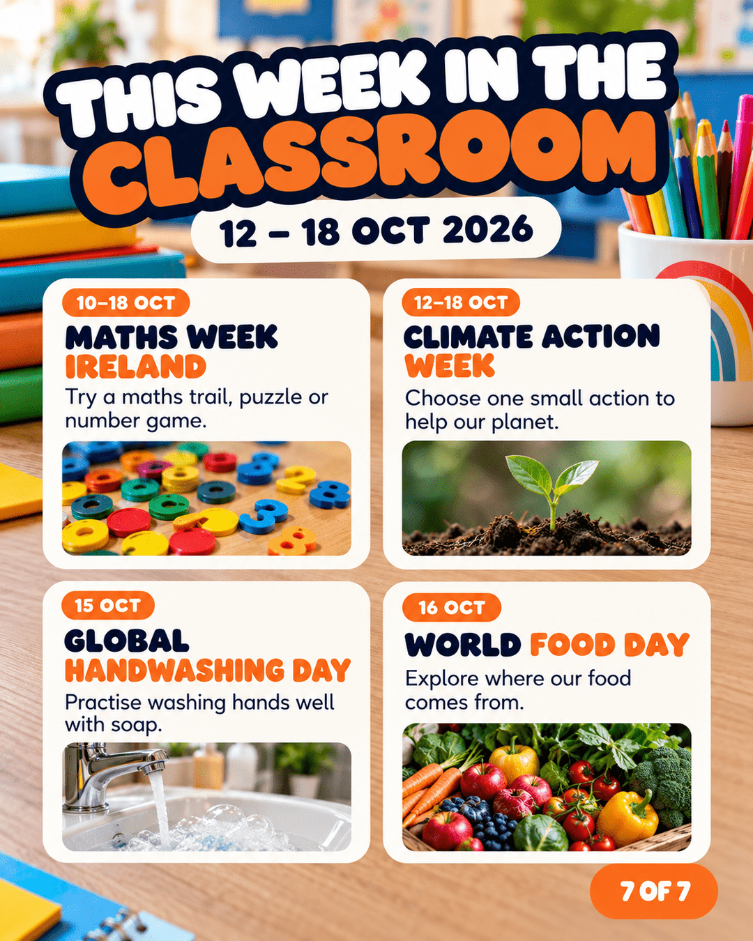 Slide 7 of 7: This Week in the Classroom, 12 to 18 October 2026: Maths Week Ireland, Climate Action Week, Global Handwashing Day and World Food Day