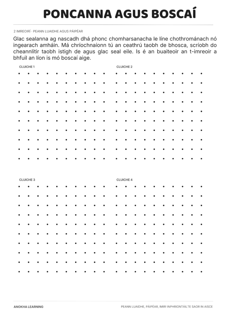 Poncanna agus Boscaí game page from the free Peann Luaidhe, Páipéar, Imir! Gaeilge printable pack
