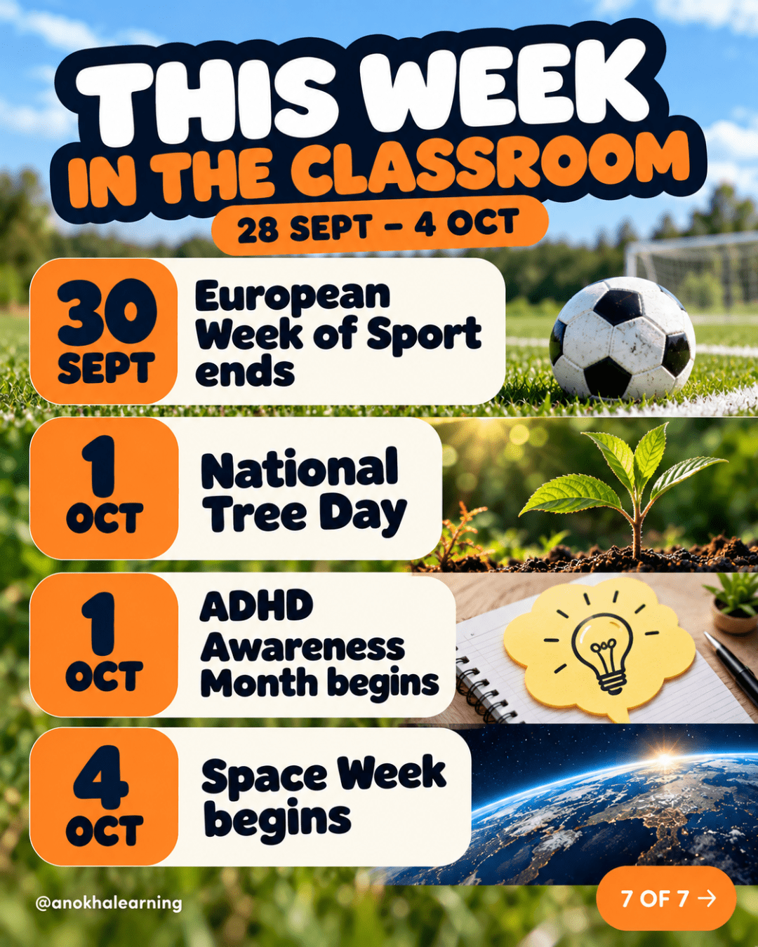 Slide 7 of 7: This Week in the Classroom, 28 September to 4 October 2026: European Week of Sport ends, National Tree Day, ADHD Awareness Month begins and Space Week begins