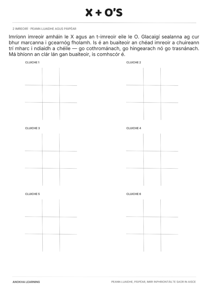 X + O’s game page from the Peann Luaidhe, Páipéar, Imir! Gaeilge printable pack
