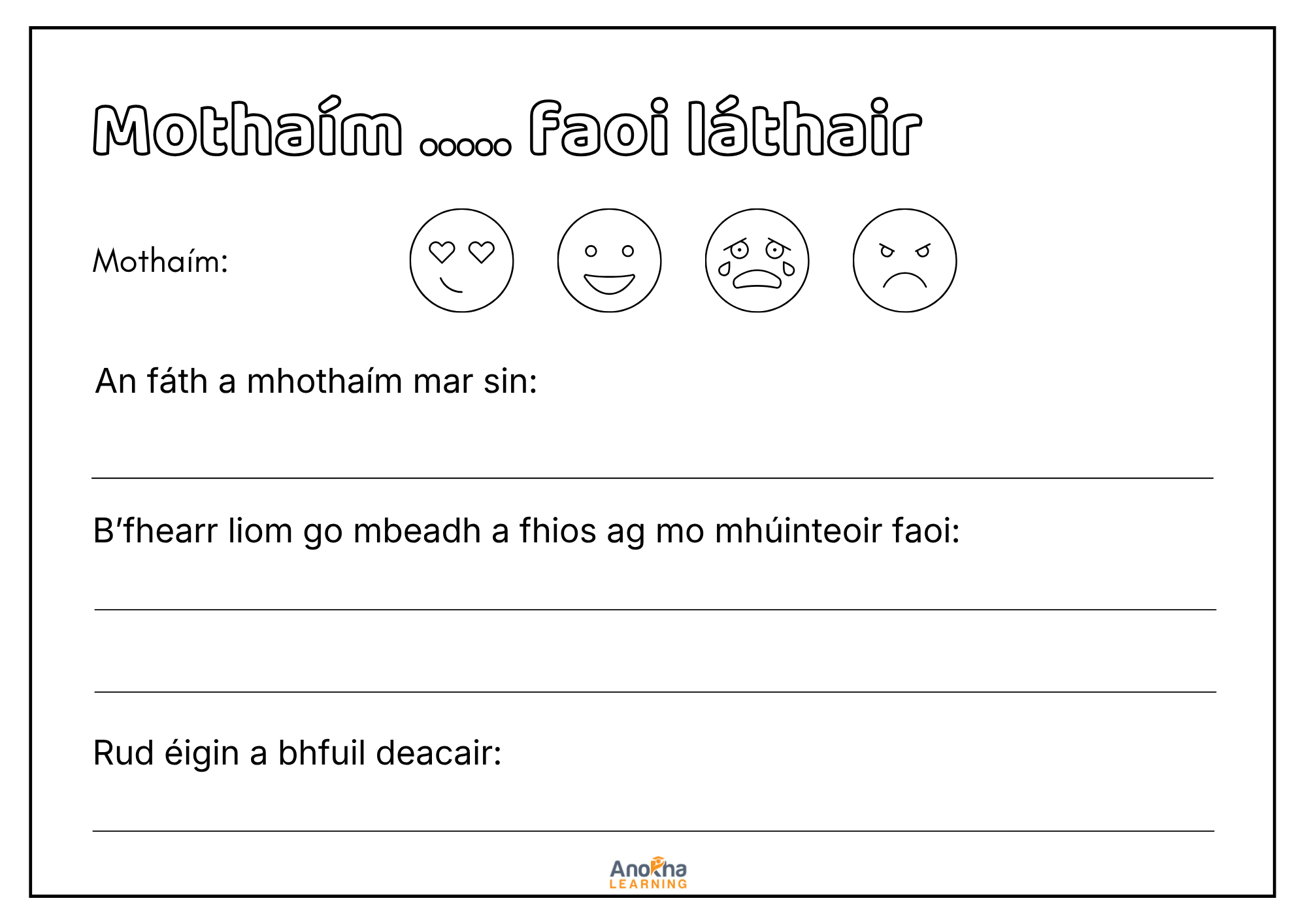 Mothaim faoi l&aacute;thair feelings activity from Mo Dhialann Follaine