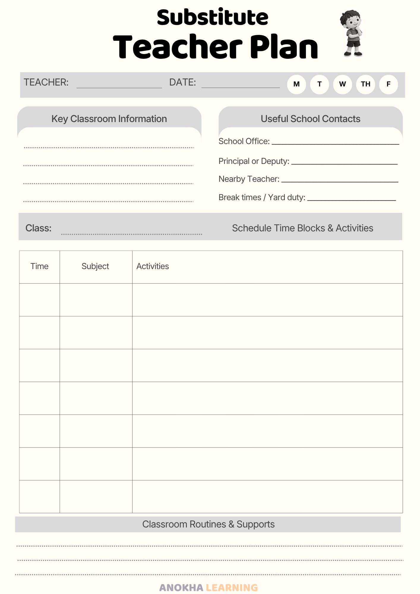 Substitute Teacher Daily Plan printable template for Irish primary school teachers