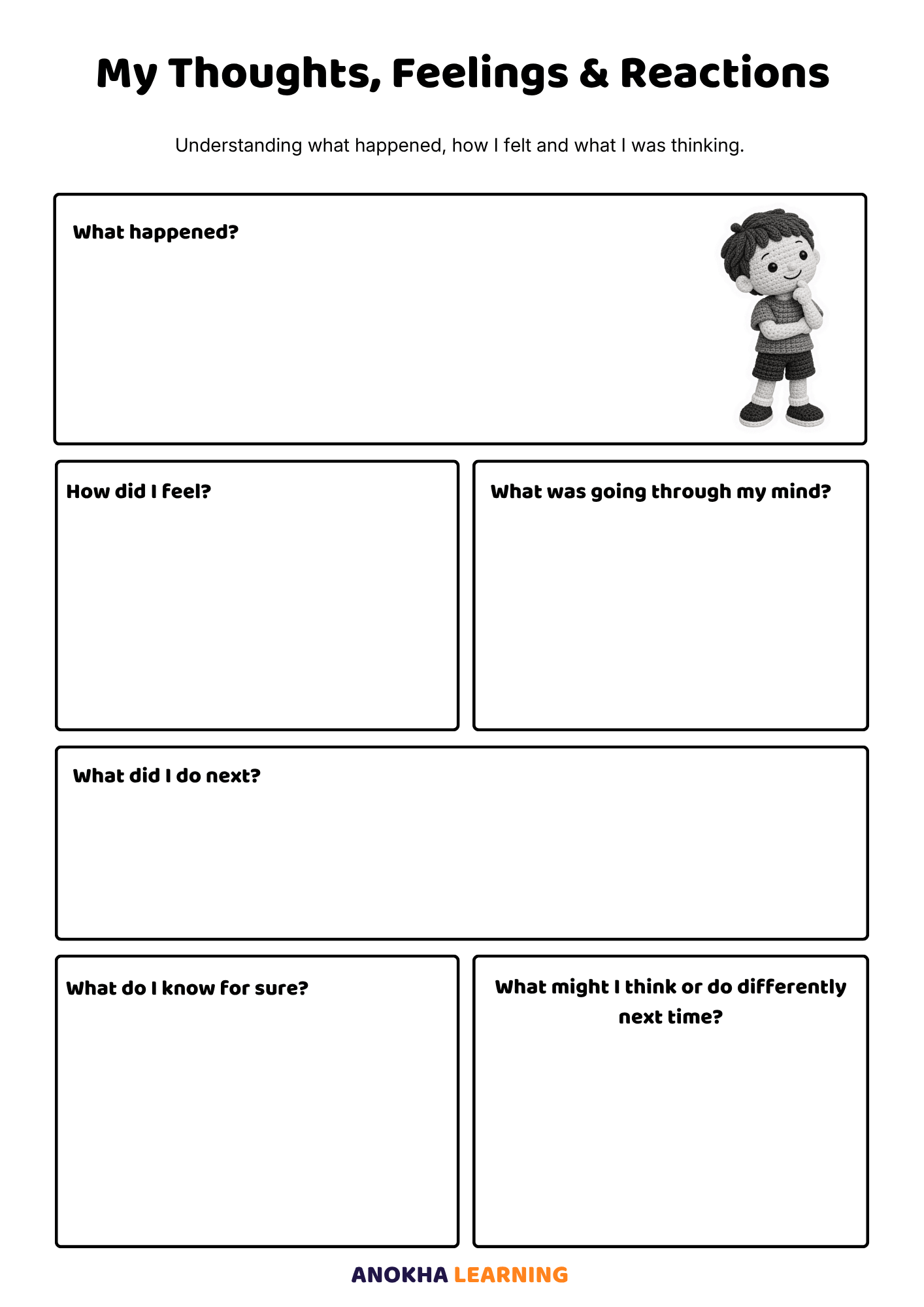 My Thoughts Feelings and Reactions printable reflection worksheet for primary school pupils