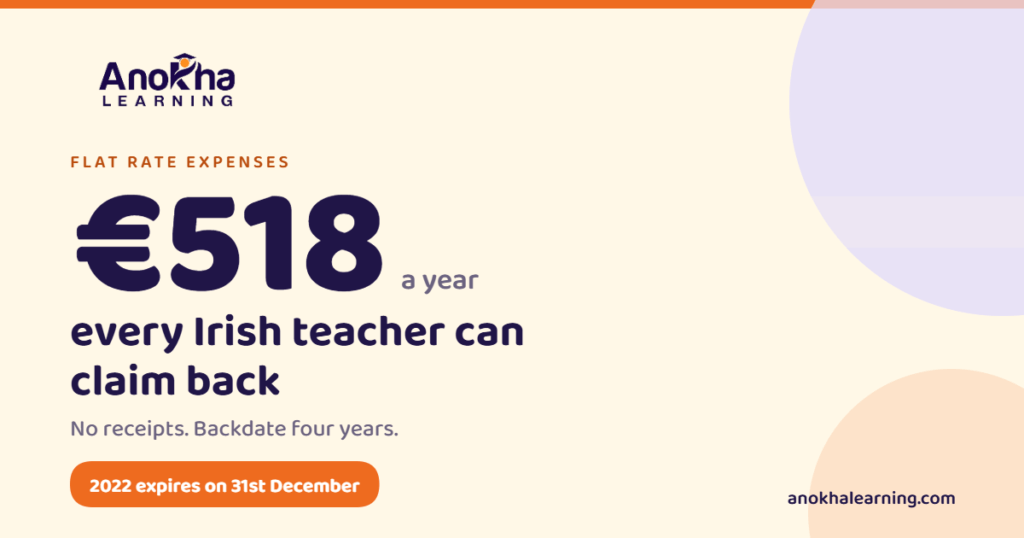 Anokha Learning graphic reading 518 euro a year, every Irish teacher can claim back, with a note that 2022 expires on 31st December
