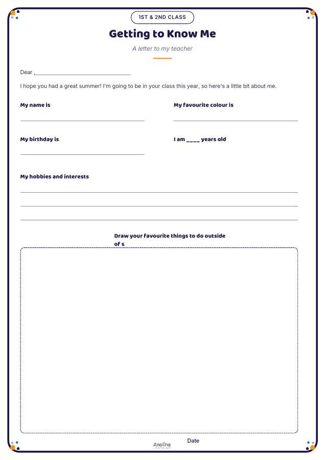 Preview of the Getting to Know Me printable for 1st and 2nd class