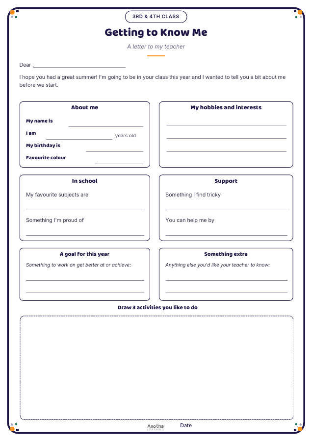 Preview of the Getting to Know Me printable for 3rd and 4th class