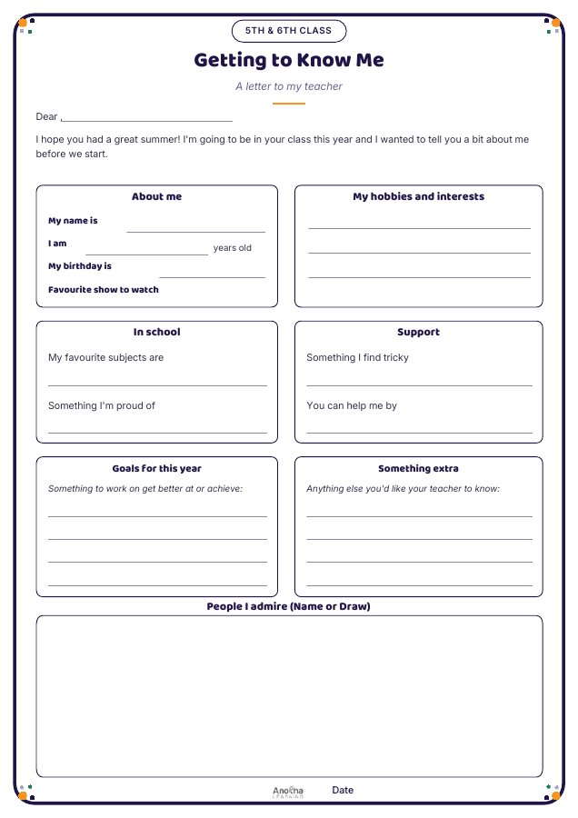 Preview of the Getting to Know Me printable for 5th and 6th class