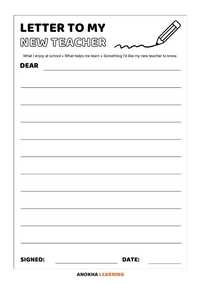 Letter to My New Teacher free printable worksheet for primary school pupils