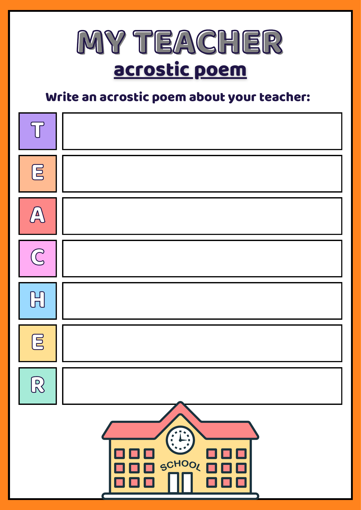 My Teacher Acrostic Poem printable worksheet by Anokha Learning