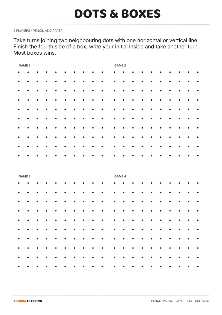 Dots & Boxes game page from the Pencil, Paper, Play! printable pack