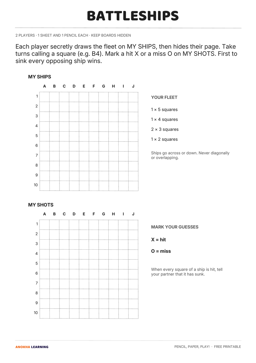 Battleships game page from the Pencil, Paper, Play! printable pack