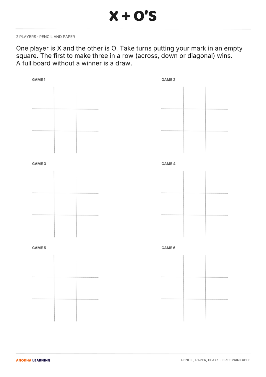 X + O’s game page from the Pencil, Paper, Play! printable pack