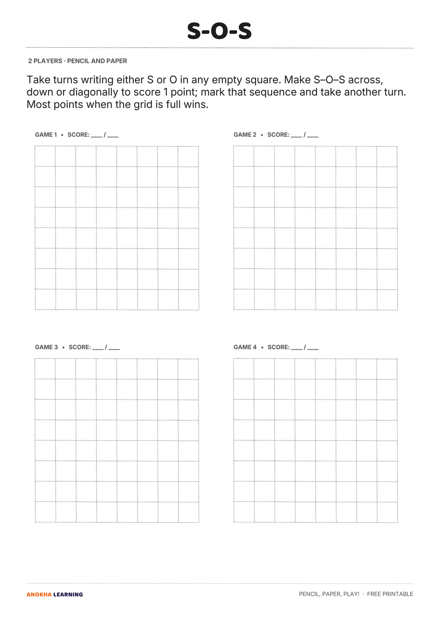 S-O-S game page from the Pencil, Paper, Play! printable pack