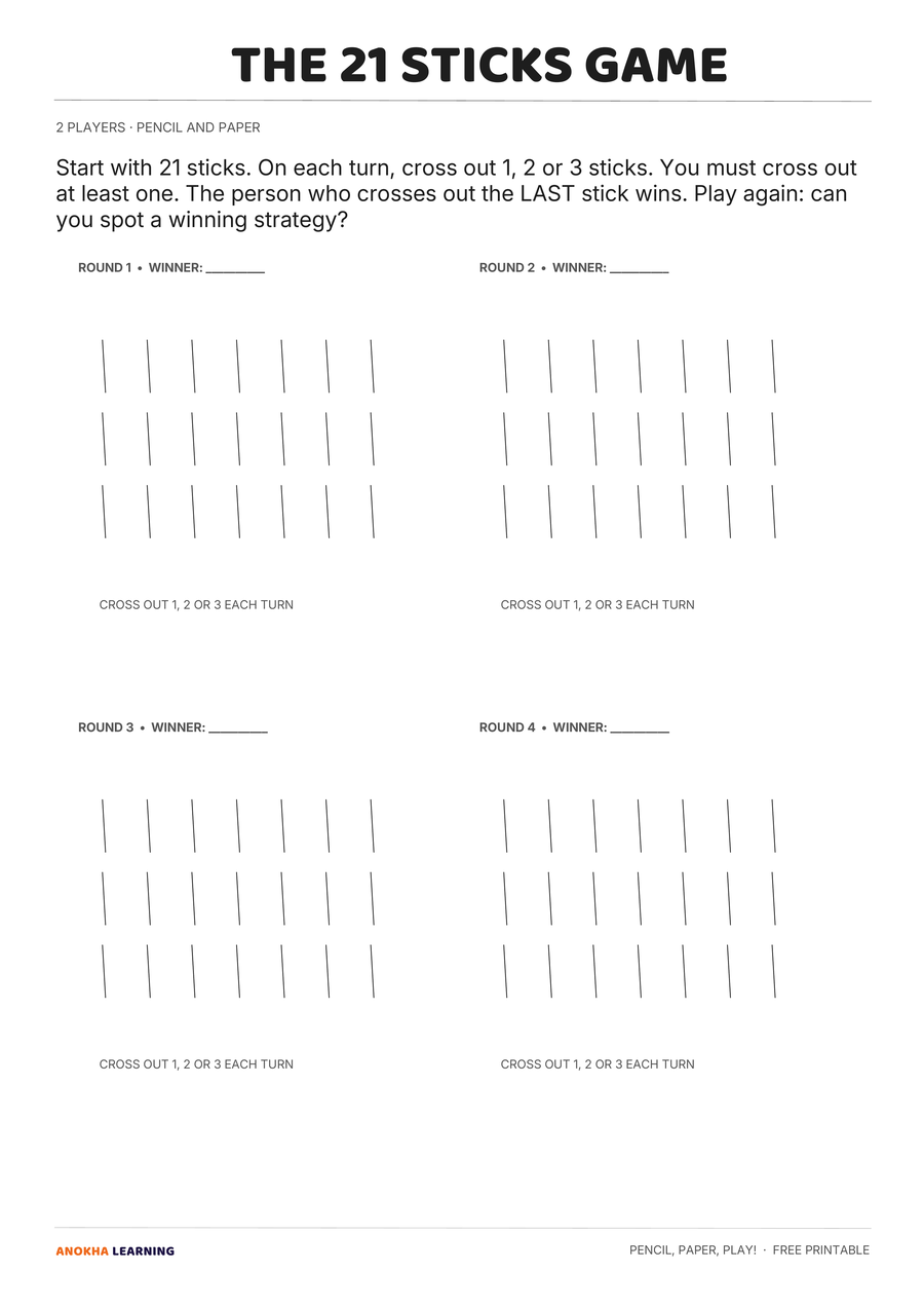 21 Sticks game page from the Pencil, Paper, Play! printable pack
