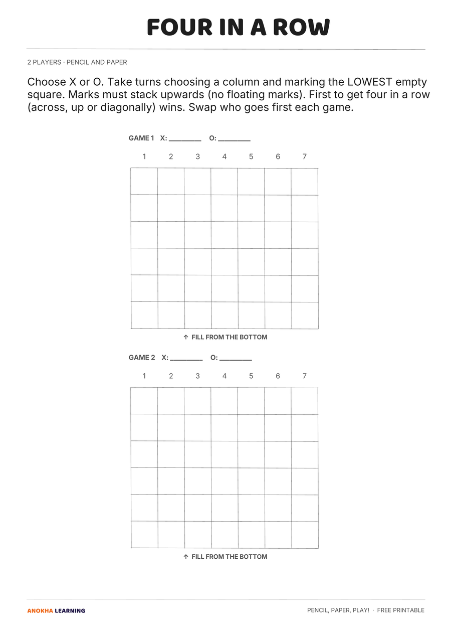 Four in a Row game page from the Pencil, Paper, Play! printable pack