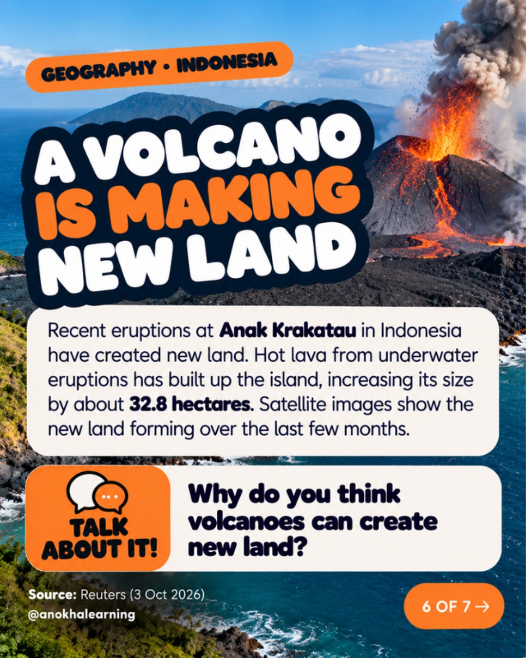 Volcano erupting with lava with the story A Volcano Is Making New Land and a Talk About It question